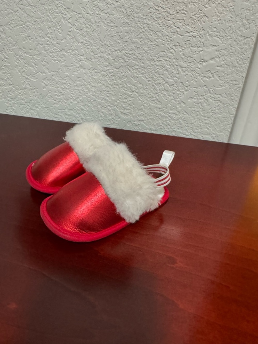 Carter’s Red Metallic Baby Slippers with White Faux Fur Trim